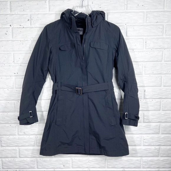 REI Jackets & Coats Rei Black Hooded Long Trench Coat With Belt